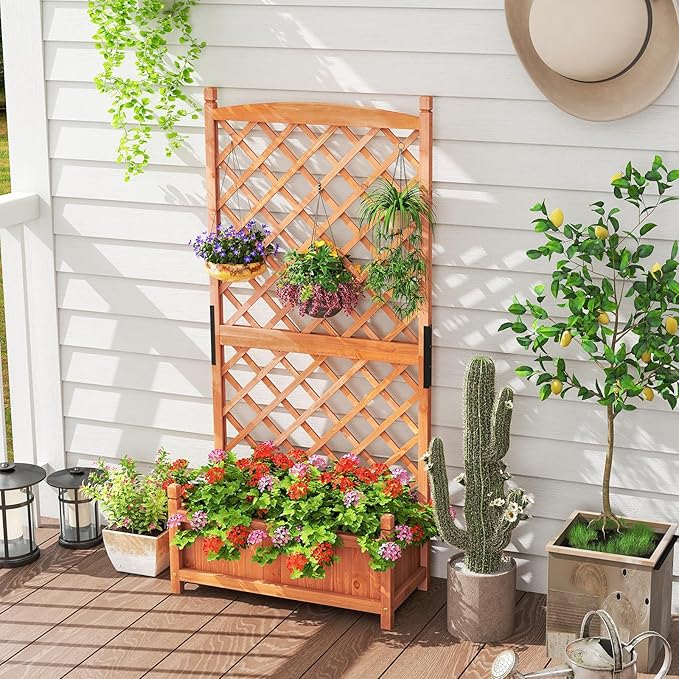 Giantex Raised Garden Bed with Trellis, 60" Wooden Planter Container with Drainage Holes, High Trellis for Plant Flower Climbing Pot Hanging, Indoor & Outdoor Planter Box for Yard Garden Balcony