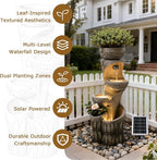 4 Tiered Solar Water Fountain Outdoor Garden, 35.6" Tall Cascading Bowl Leaf Carved Outdoor Waterfall Fountains Modern Water Feature with Dual Planters for Garden, Patio, Deck, Yard, Indoor Decor