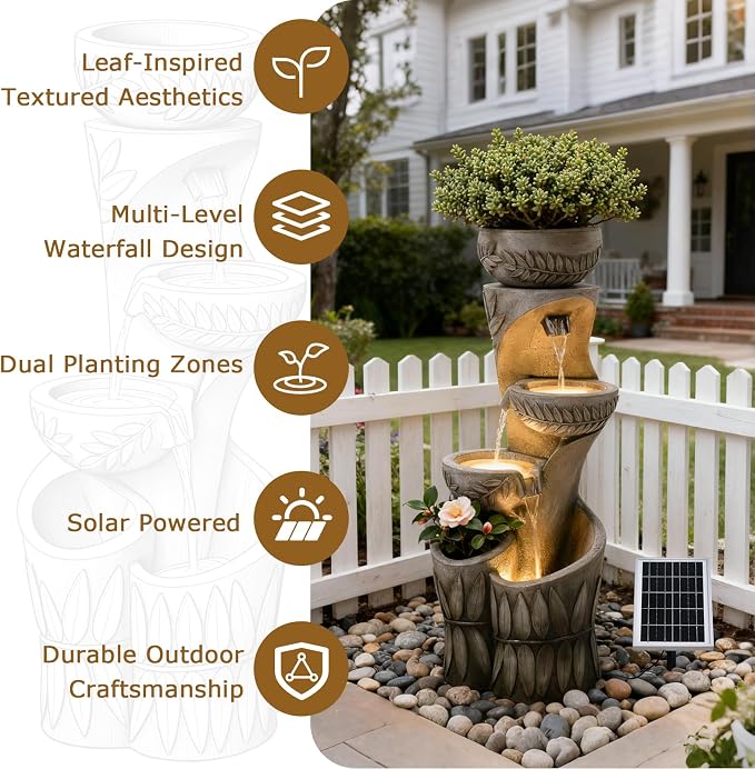 4 Tiered Solar Water Fountain Outdoor Garden, 35.6" Tall Cascading Bowl Leaf Carved Outdoor Waterfall Fountains Modern Water Feature with Dual Planters for Garden, Patio, Deck, Yard, Indoor Decor