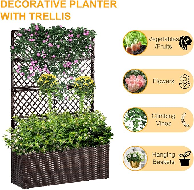 52’’ H Garden Planter Box with Trellis Outdoor for Vine Climbing Plants, Flowers Handwoven Rattan Garden Bed with Removable Liners for Backyard Patio Balcony