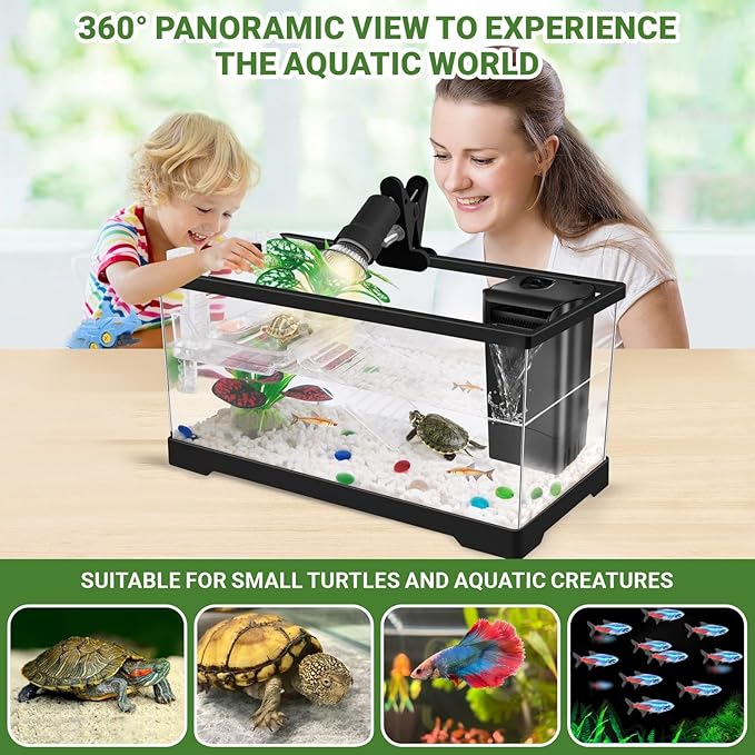 GOZILLA Aquatic Turtle Tank Kit+Lamp+Filter, Upgrade PC Turtle Tank Starter Kit with Adjustable Lamp & Filter,Reptile Habitat with Lid,Hanging Platform for Small Reptiles.(19.68×9.52×9.44''/Black Kit)