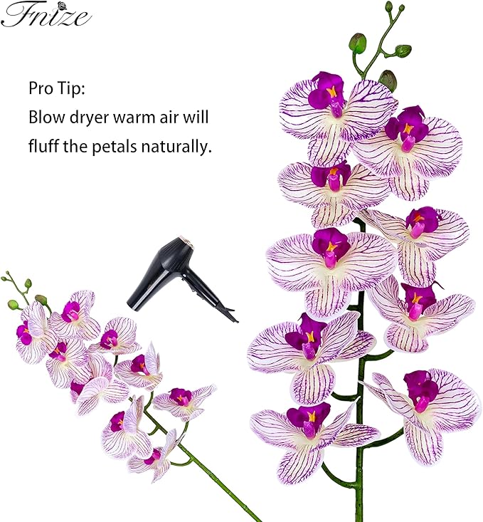 Fnize Faux Orchid Stems Artificial Flowers Phalaenopsis 38 Inch 2pcs Real Touch Latex 9 Large Petals Purple Pattern