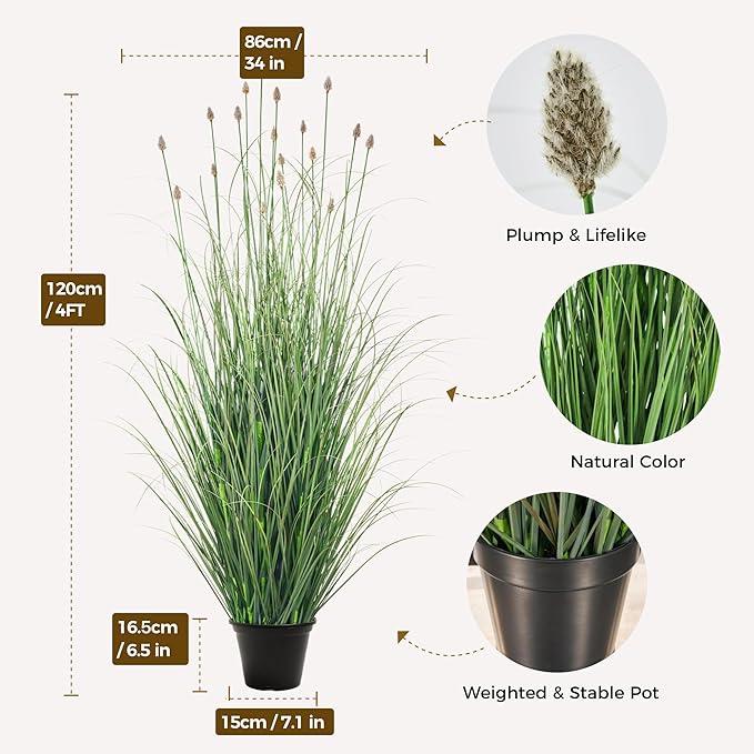 3FT / 4FT Extra Lush Artificial Plant (2pcs), Luxury Fake Tall Plants with Pot, Luxury Faux Tall Greenery with Dogtail for Garden Porch and Home Decor (Gray, 4FT)