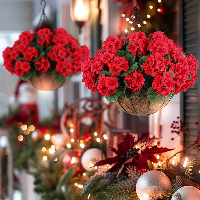 Hananona 12 Pcs Artificial Geranium Flowers for Outdoors Geranium Silk Red Flowers Outdoor UV Resistant Garden Plants Faux Flower for Christmas Home Kitchen Table Centerpieces Decor (12, Red)