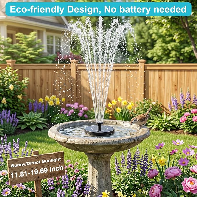 AMZtime Solar Fountain, 2026 Upgraded Solar Water Fountains with 6 Nozzles, Free Standing Floating Solar Powered Water Fountain Pump for Bird Bath, Garden, Pool, Pond and Outdoor