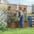 Outvita Metal Planter Box with Trellis, 71’’ x 32’’ x 16’’ Raised Garden Bed with Drainage Holes for Climbing Plants, Vegetables, Vines, Wavy Grid Cutout Privacy Planters for Patio (Brown)