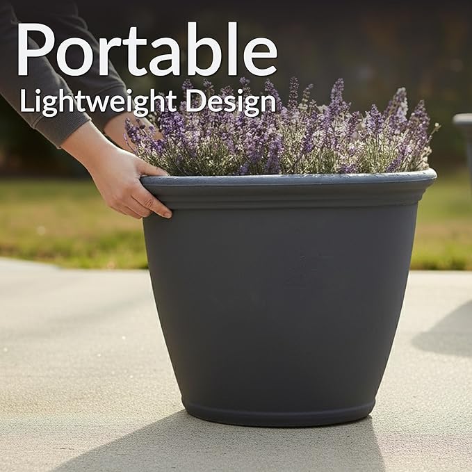 Sunnydaze 20-Inch Anjelica Large Plastic Pot for Plants - Outdoor Double-Walled Large Plastic Planter with Drillable Drainage Holes - Slate - 2pk