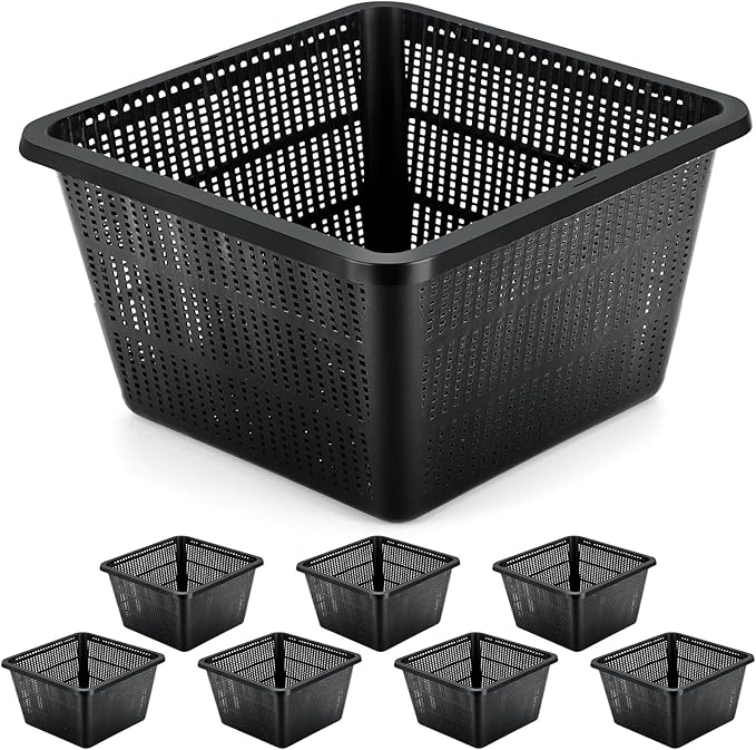 8 Pcs Aquatic Plant Baskets for Hydroponics Water Garden Plant Pots Black Plastic Mesh Basket 9 x 9 x 5.2 Inch Square Pond Containers for Island Live Aquarium Botany Flowers