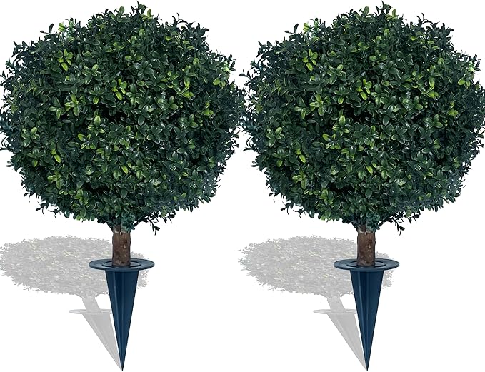 kyesyes Artificial Boxwood Ball Bush 27" Tree UV Resistance Rated with Spike. Easy to Push in The Ground.Plant Looks Great in a Planter Anywhere. Indoor/Outdoor Decor 2 Pack