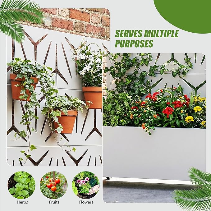 Casaphoria Metal Raised Garden Bed with Trellis and Wheels, 47"x47"x16" Planter Box for Climbing Plants, Vegetables & Vines, Features Drainage Holes and Privacy Screen, White-Star