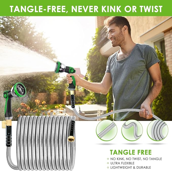 Stainless Steel Garden Hose 50 ft - 304 Stainless Steel Kink-Free Metal Water Hose with Shut-Off Valve & Hose Straps, Heavy Duty, Rust/Puncture Proof for Yard, Lawn and Car Washing, 50 Feet