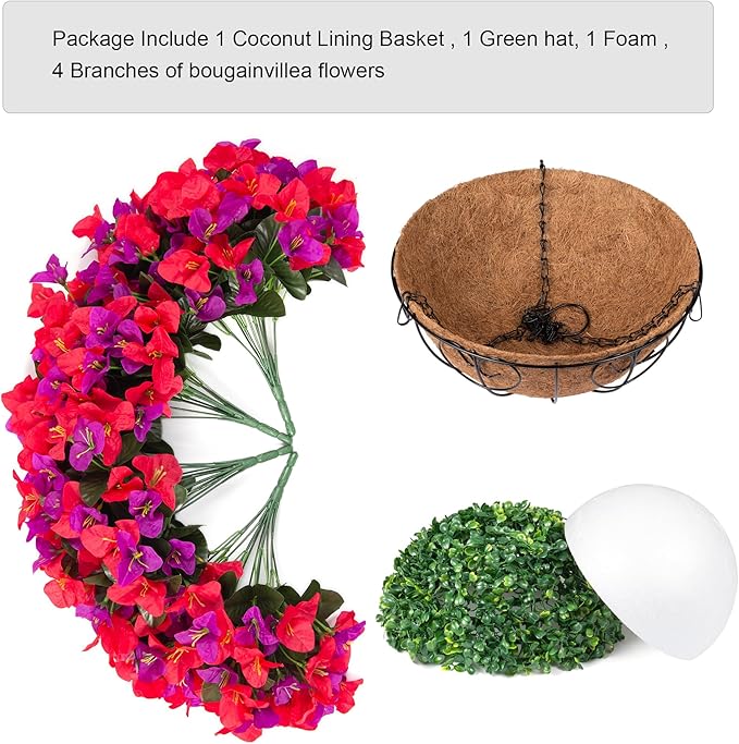 Artificial Hanging Flowers Plant with Basket for Outdoors Spring Decor, Fake Hanging Plants Silk Bougainvillea in Planter Look Real UV Resistant Faux Flower for Outside Porch Patio Garden Home, Mix