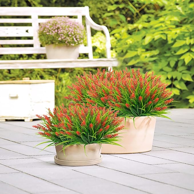 obbsie 36 Bundles Artificial Plants Outdoor, 18.2" UV Resistant Faux Monkey Grass Greenery Stems No Fade Faux Plastic Flowers Shrubs for Home Weddings Garden Porch Front Patio Office Decor - Red
