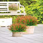 obbsie 36 Bundles Artificial Plants Outdoor, 18.2" UV Resistant Faux Monkey Grass Greenery Stems No Fade Faux Plastic Flowers Shrubs for Home Weddings Garden Porch Front Patio Office Decor - Red
