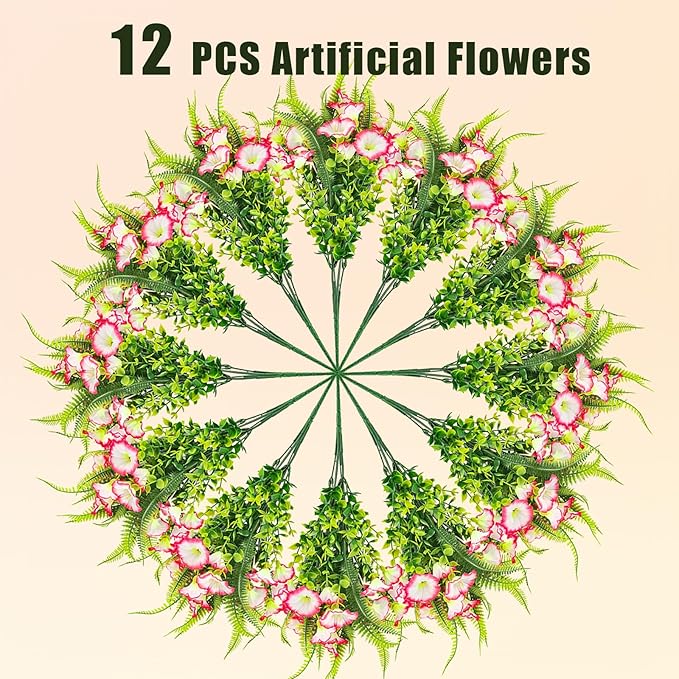 Artificial Flowers for Outdoors 12 Bundles Pink Artificial Petunias Fake Flowers UV Resistant Shrubs Plants with Fern for Indoor Outside Hanging Planters Home Garden Spring Decorations