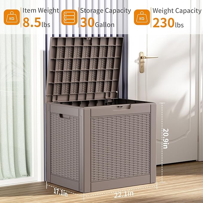 PatioZen 30 Gallon Resin Deck Box, Lockable Patio Outdoor Storage Box for Furniture, Garden Tools and Tools Storage, Waterproof Outside Storage Boxes - Grey