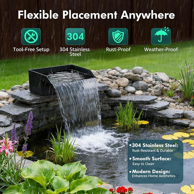 Pond Waterfall Spillway Kit, 8" Pond Waterfall Filter with 660GPH Waterfall Pump & Filter Cage, 10 Ft Corrugated Tubing for Outdoor Garden Ponds, Backyard Water Features