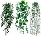 Artificial Hanging Plants for Shelf, 3-Pack Fake Potted Greenery Faux Mandala Monstera and Eucalyptus Vines in Black Pot, Décor for Office Living Room Bathroom Indoor Outdoor
