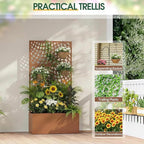 Outvita Metal Planter Box with Trellis, 71’’ x 32’’ x 16’’ Raised Garden Bed with Drainage Holes for Climbing Plants, Vegetables, Vines, Wavy Grid Cutout Privacy Planters for Patio (Brown)