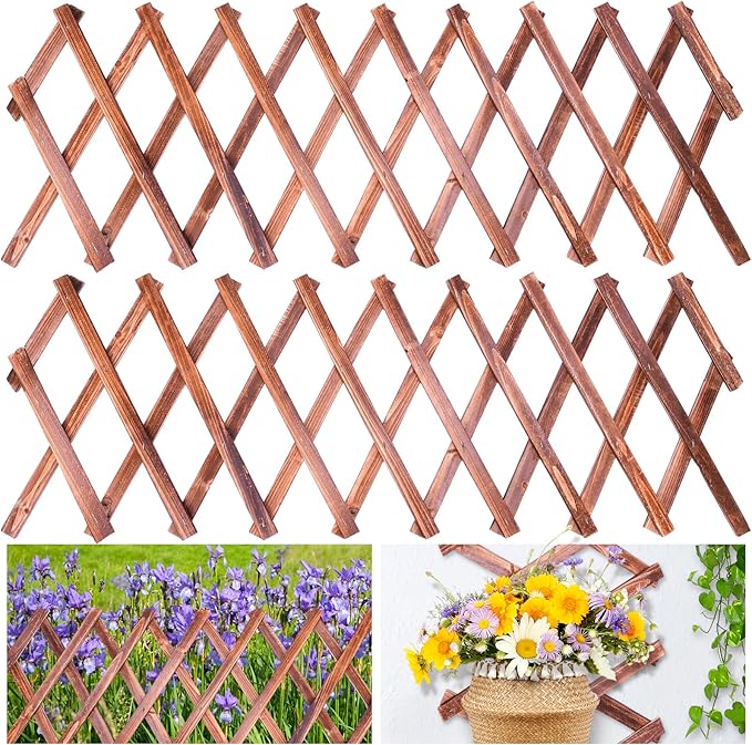 2 Pack Expandable Wooden Lattice Fence, Garden Trellis for Climbing Outdoor Plants, Stretchable Panel Wall Trellis Vertical Rack Wood Frame Patio Decorative for Vine Ivy Rose