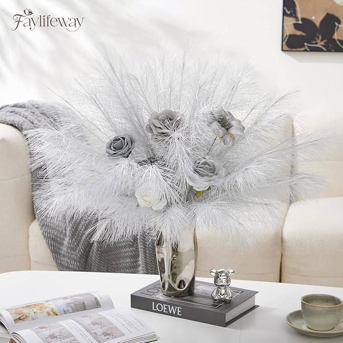 50PCS Pampas Grass Decor, 17" Silver Pampas Grass, Fluffy Small Pampas Grass for Vase Filler Home Wedding Wall Table Party Decoration