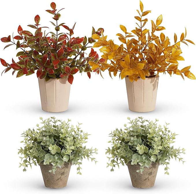 4 Pack Small Fake Plants in Pulp Pot for Home Decor, Artificial Plants Indoor, Small Faux Plants Indoor for Bathroom Bedroom Kitchen Office Farmhouse Room Shelf Decor Fall Decor