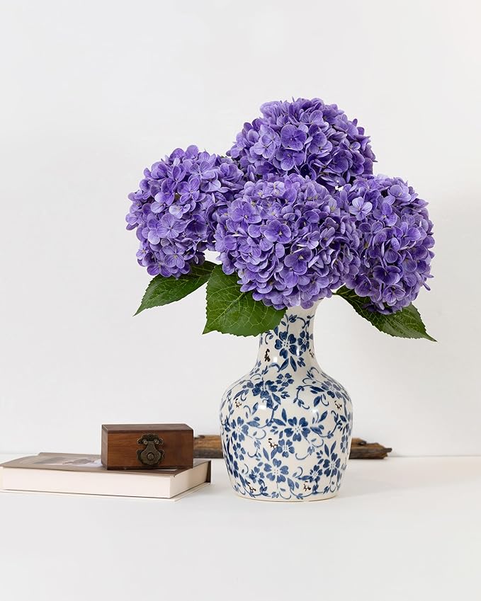 DuHouse 3Pcs Hydrangea Artificial Flowers,Latex Real Touch Hydrangeas with Long Stems & Leaves for Home Decor Party Floral Arrangements Wedding Bouquets Centerpieces(Purple)