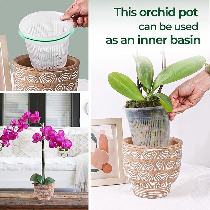 T4U Orchid Pot, 6 Pack 5.5 Inch Clear Orchid Pots with Holes and Saucers for Repotting, Plastic Flower Plant Pot with Drainage for Indoor Outdoor Plants, Slotted Orchids Planter for Root Health