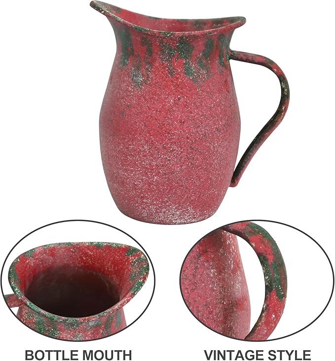 Vintage Country Metal Flower Vase Farmhouse Decorative Milk Can Pot Rustic Pitcher Jug for Home Kitchen Cabinets Table Centerpiece Decor Gifts Retro Red