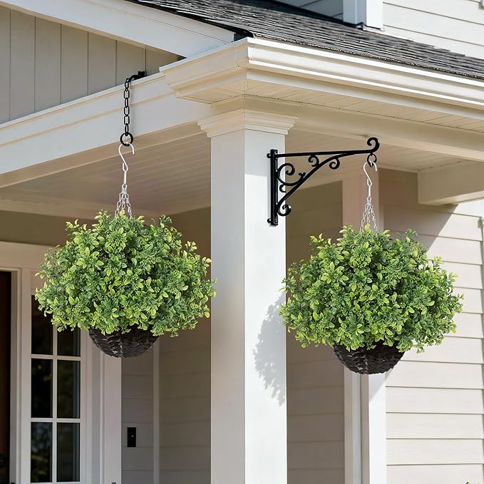 2PCS Artificial Boxwood Plants with Hanging Basket - Fake Aglaia Odorata Hanging Planters Faux Greenery UV Resistant Eucalyptus Leaves for Front Porch Patio Garden Farmhouse Home Decor (Green)