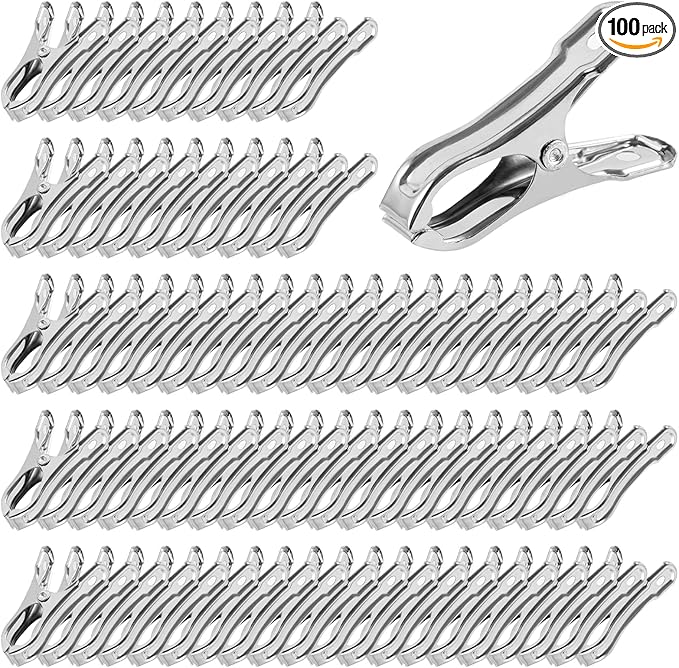 100Pcs Stainless Steel Garden Cilps - Large Open Metal Clamps for Greenhouse Hoops, 2" Fix Plant Cover Shade Cloth Netting Tarp, Tight Grip Weatherproof Gardening Supplies