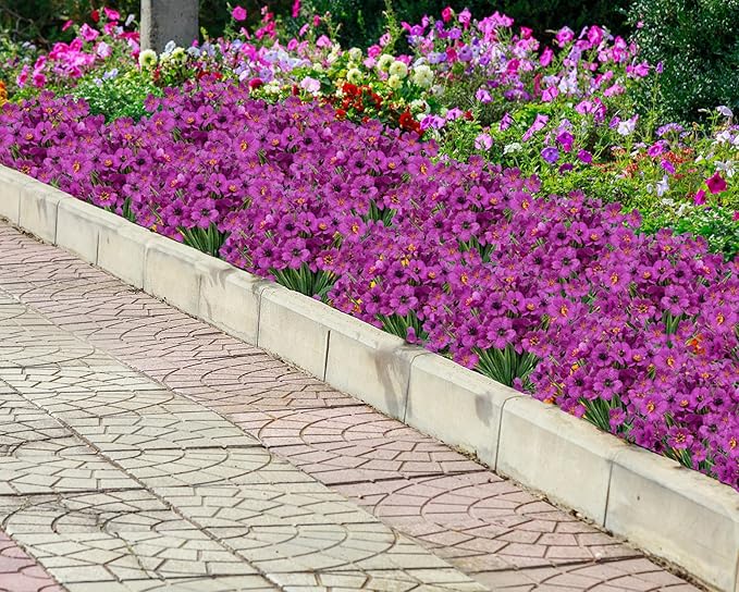 Bassion 24 Bundles Artificial Flowers for Outdoors Decoration, UV Resistant Purple Silk Fake Faux Flowers Artificial Plants for Outside Window Box Porch Garden Home Decor