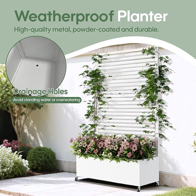 Metal Planter Box with Trellis Privacy Screen, Raised Garden Bed with Trellis & Wheels, Privacy Planters for Patio, Planter Box with Drainage Holes for Climbing Plants, 73"x 47"x 16", White