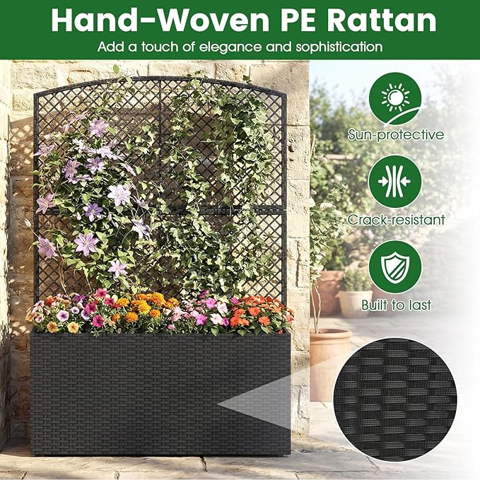 Happygrill Raised Garden Bed with Trellis, 58" Wicker Planter Box with Privacy Screen, Liner, Drainage for Patio Balcony, Outdoor PE Rattan Elevated Garden Bed for Climbing Plant Vine Flower (Black,1)