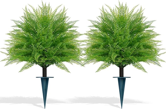 Grooy Artificial Fern Topiary Ball with Ground Spike, Set of 2 Faux Boston Fern Plants Shrub, Fake UV Resistant Evergreen Bushes for Porch Garden Indoor Outdoor Decor