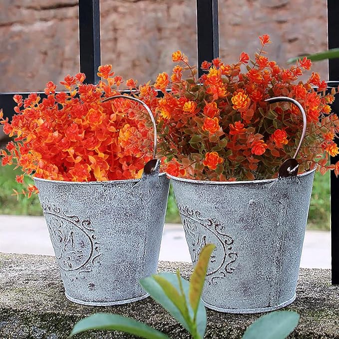 12 Bundles Artificial Outdoor Flowers UV Resistant Fake Plastic Plants No Fade Faux Fall Flowers for Hanging Planter Garden Porch Patio Window Box Wedding Thanksgiving Halloween Decor(Green Orange)