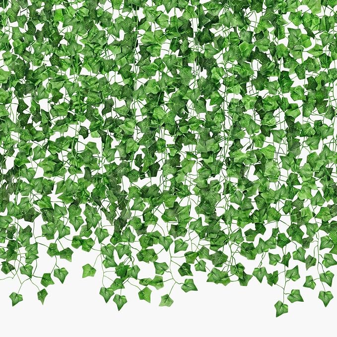CQURE 16 Pack 105Ft Artificial Ivy Fake Vines,Ivy Garland Greenery Garland Fake Hanging Plants Vines Green Leaves for Bedroom Wedding Garden Wall Room Decor