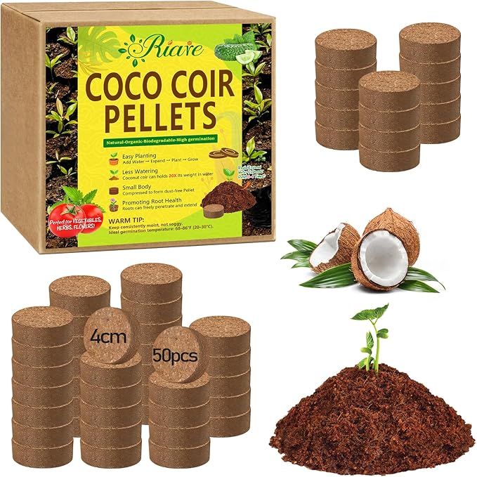 Riare 50 Pcs 40mm Organic Coco Coir Seed Starter Soil, Compressed Coconut Coir Potting Soil Mix for Seed Starting, Coconut Fiber Pellet for Planting Indoor & Outdoor Plants, Vegetables, Garden