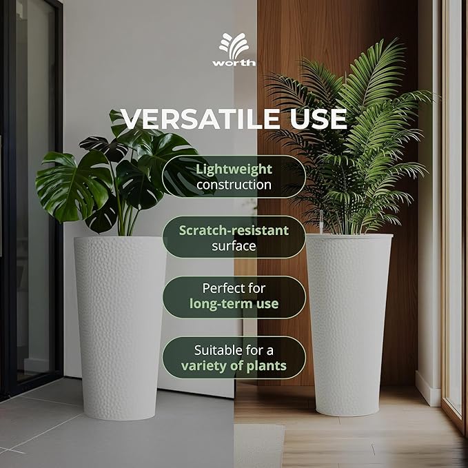 Worth 2 Pack 28" Tall Narrow Metal Planter with Inside Pot for Indoors or Outdoors, Deck, Patio or Front Porch, Hand-Hammered Texture, White