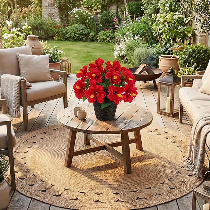 Briful Artificial Hibiscus Flowers in Brown Pot, 14.1" Faux Tropical Flower Plant for Outdoor Porch, Potted Red Hibiscus Tabletop Decor for Living Room, Dining Table, Office, Indoor Home Décor
