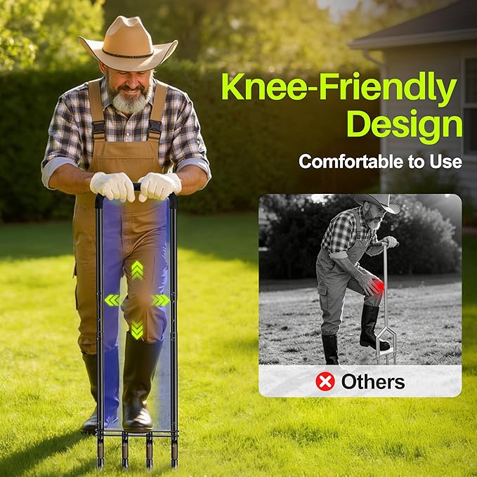 Knee-Friendly Manual Lawn Aerator Tool –Adjustable SUS304 Stainless Steel Core Aerator for Grass, Yard Aeration Tool with 4 Hollow Tines for Lawn Care and Compacted Soil,43.3"-48.5",Black