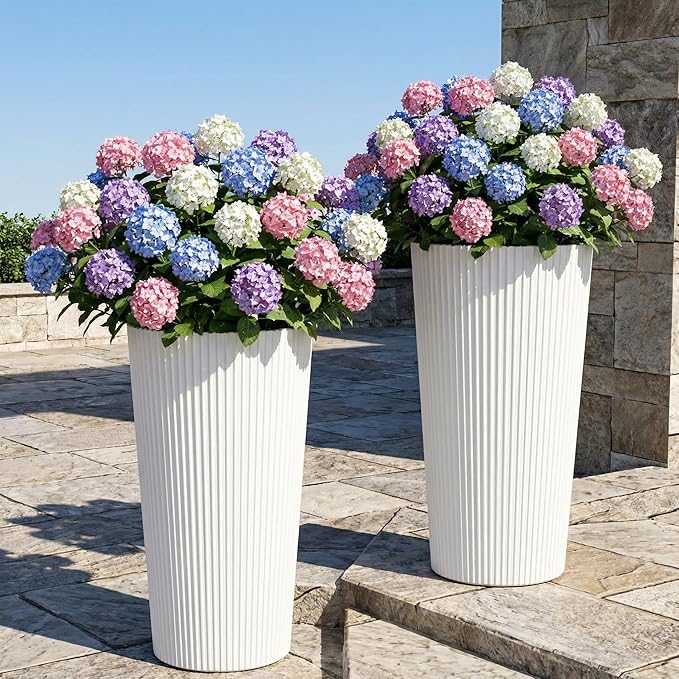 23.6" H Tall Planters for Outdoor Plants, 2 Pack Large Outdoor Planters for Front Porch Decor with Drainage Hole, Plastic Striped Flower Pots Fits Indoor Plants Patio Garden, Black