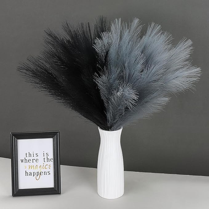 SeptCat 60 Pcs Pampas Grass Black and Dark Grey Decor 21.7" Fluffy Faux Short Pampas Grass Artificial Small Pompas Grass Flower Vase Filler for Home Wedding Decoration