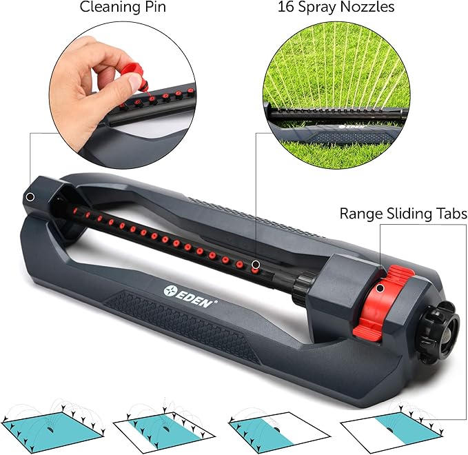 Eden 96213 Essential Turbo Oscillating Water Sprinkler, Covers Up to 3,600 sq. ft., 16 Nozzles, Weighted Base, Adjustable Range, Quick Connect Bundle, Dark Grey, Red, Silver