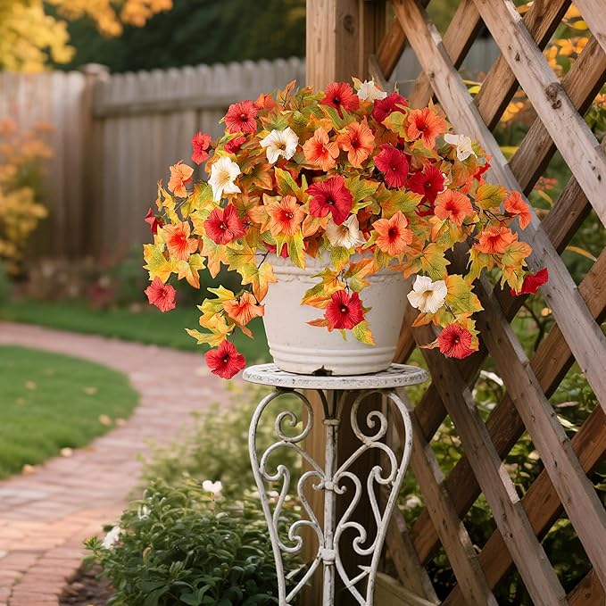 Ammyoo Artificial Fall Flowers Fake Petunias Plants for Outdoor Decoration, 2 Pcs Silk Faux Flowers UV Resistant No Fade Plants for Garden Balcony Yard Porch Realistic Indoor Decor (Orange White)