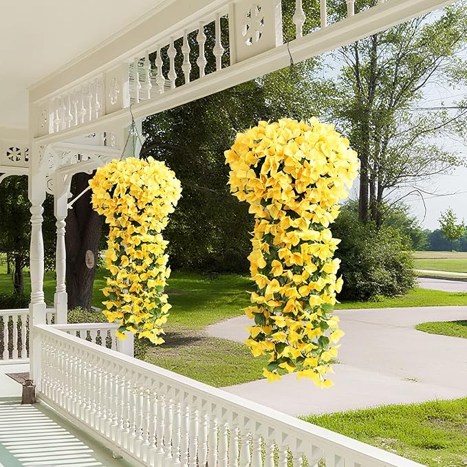 ATTGREAT Artificial Bougainvillea for Outdoors Faux Plants UV Resistant Flowers Fake Plastic Plants Realistic Silk Flowers for Porch Planter Garden Outside Hanging Decoration, 2Pcs (Yellow)