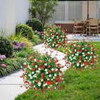2 Pack 24" White Red Faux Topiary Ball Trees with Spikes, UV Resistant Artificial Boxwood Plants with Flowers, Fake Shrubs for Spring Outdoor Planters, Front Porch Garden Decor
