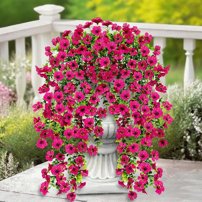 8 Pcs Fake Outdoor Artificial Flowers For Outdoors Uv Resistant, Plastic Flowers For Outdoors, Fake Hanging Plants Faux Flowers For Outdoor Planters, Silk Spring Flowers For Outside Porch（Rose Red）
