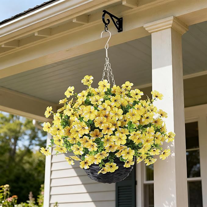 GLIDLION Artificial Flower & Eucalyptus with Hanging Basket - 2PCS Faux UV Sun Resistant Morning Glory in Planter, Fake Colorful Silk Flowers for Spring Summer Porch Patio Balcony Yard Decor (Yellow)