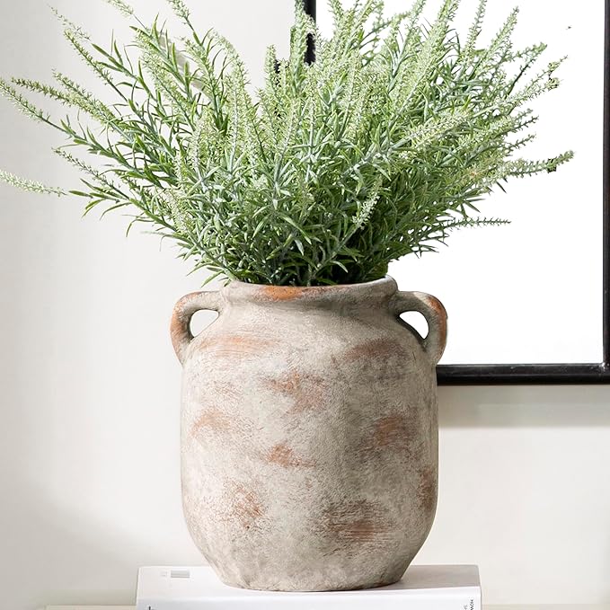 Ceramic Flower Vase Home Decor - 7.6 Inch Farmhouse Rustic Table Vases with Handle Living Room Decoration Decorative Vintage Pottery for Kitchen Shelf Coffee Dining Bookshelf Fireplace Centerpiece